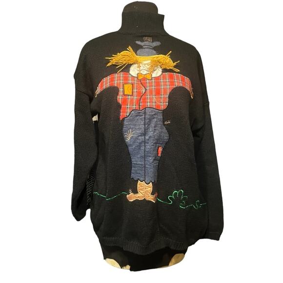 Vtg Black Chunky Knit Fall 3D Scarecrow Halloween Relaxed Turtleneck Sweater M - Picture 2 of 6